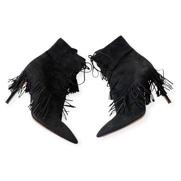 AQUAZZURA Mustang 105 Fringe Heeled‎ Ankle Boots In Black Suede, Size 37 EU - Picture 2 of 12